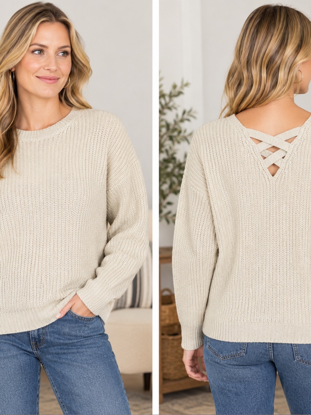 Skies Are Blue Small Oatmeal Sweater Criss Cross Back Chunky Knit Cozy Beige